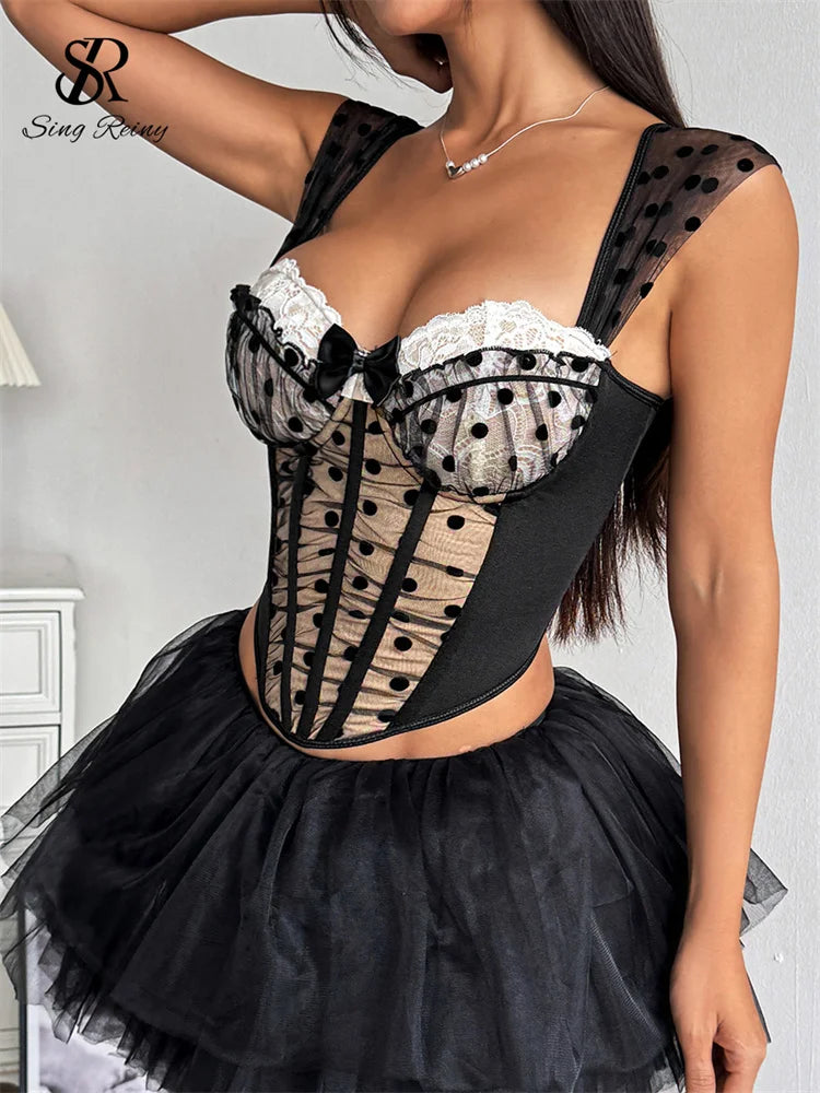 SINGREINY Polka-Dot Korsett Top – Rückenfreies Mesh-Top mit Spitze & Schleifen